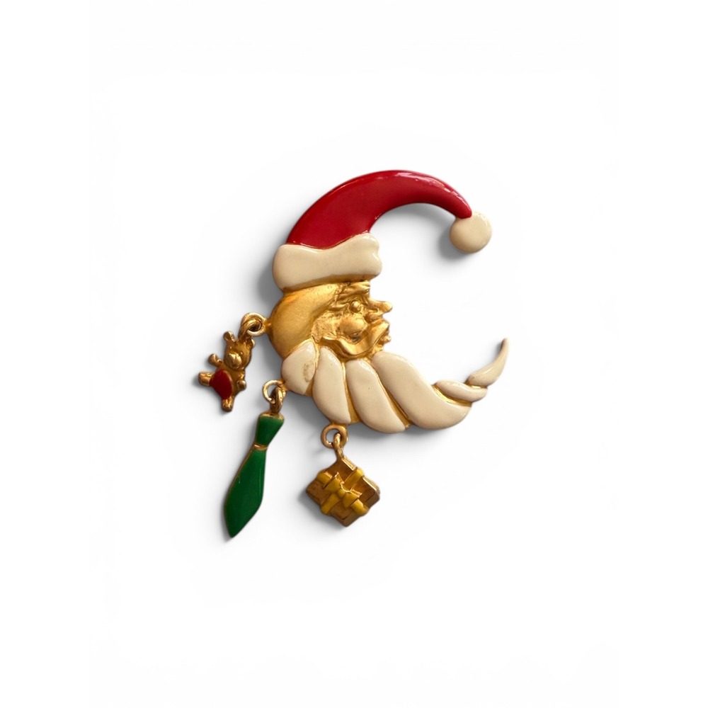 Vintage Santa Crescent Moon Brooch Pin Christmas Enamel Dangle Charms Gold‎ Tone